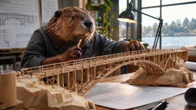 Funny beaver architect building miniature wooden bridge model in workshop design studio. Concept of inspecting, engineer, funny animal, woodworking. Copy space.