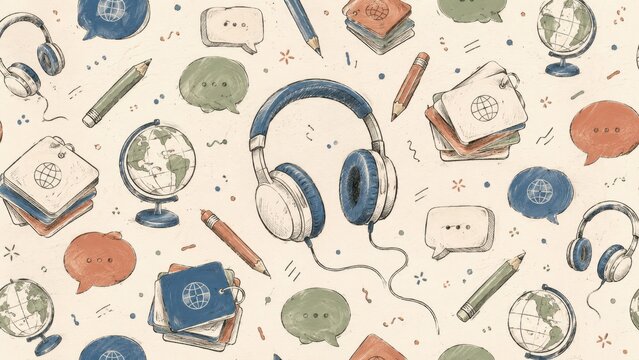 Hand drawn seamless pattern with headphones pencils globe and speech bubbles for online learning. Concept of language, icons, doodle, background, language learning, online education, podcasting.