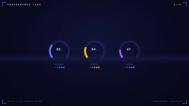 Motion of digital gauges displaying temperature and pressure readings in a high-tech environment.