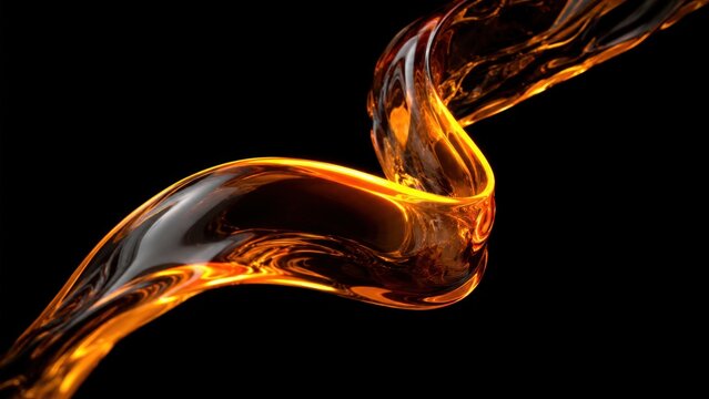 Abstract Golden Liquid Stream Flowing Dynamic Amber Splash on Black Background. Concept of molten, glass, ribbon, oled, wallpaper, amber fluid, oil splash, dynamic wave. Copy space.