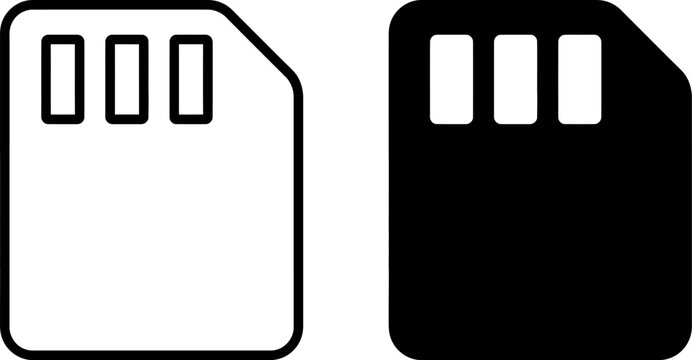 SD card memory storage icons set in outline and solid black style for digital data devices