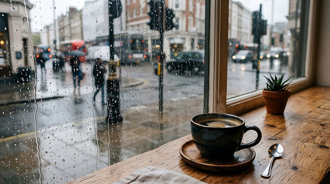 Steaming coffee cup by rainy window view.