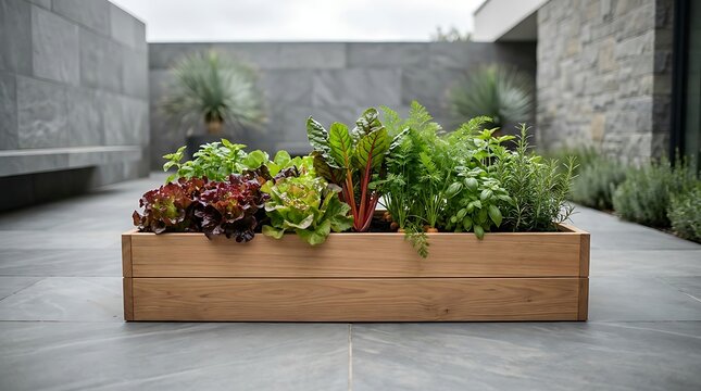 Fresh green vegetables and herbs growing in a wooden garden planter box on a modern stone patio. tiny vegetable patch