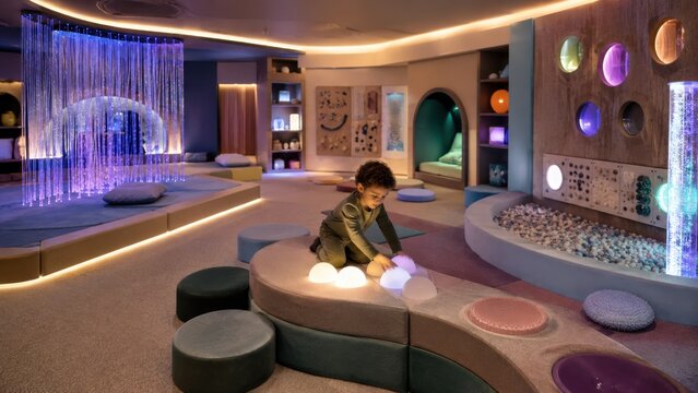 Little boy playing with glowing domes in modern sensory room for child therapy and relaxation. Concept of playroom, modular, zones, interior, snoezelen, sensory integration, special needs.