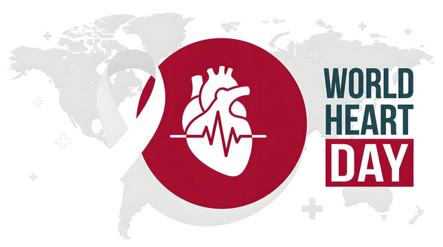 World heart day vector design featuring anatomical heart icon over global map backdrop