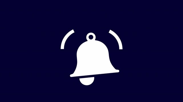 Simple white ringing bell icon animation on a dark blue background for notifications and alerts. Ideal for social media reminders and app interface elements with a clean design.