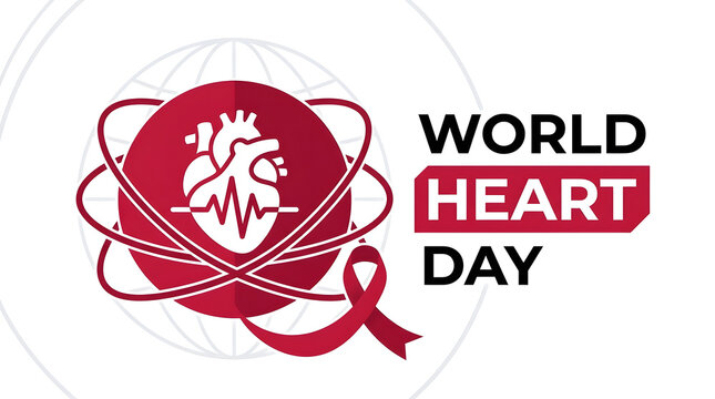World heart day vector concept with anatomical heart inside orbital circle and red ribbon