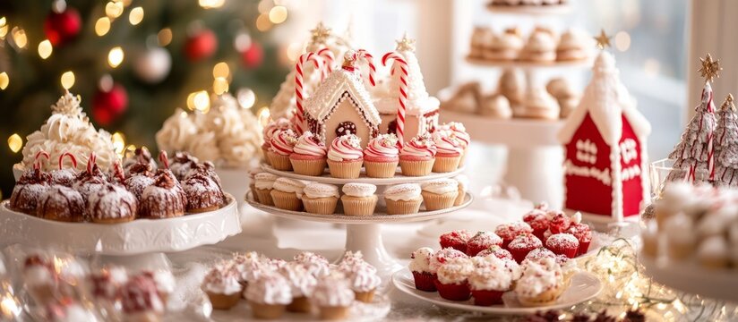 Festive christmas dessert table with gingerbread houses and cupcakes, banner