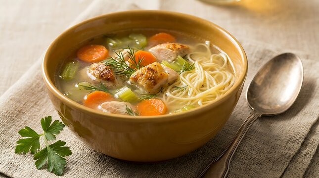 Fresh vegetable soup with carrots and herbs in a rustic brown bowl on a wooden kitchen table. Kosher meal ideas