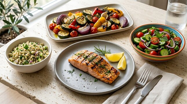 Grilled salmon fillet with fresh garden salad and roasted vegetables on a dining table. Kosher meal ideas