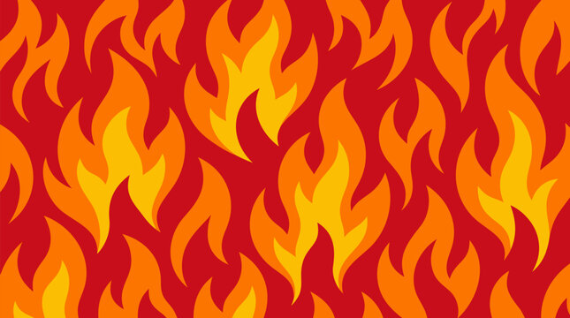 Seamless stylized fire flames pattern with bold curved outlines on red background, flat vector illustration, vibrant orange and yellow fiery motifs, repeat tiling design for textiles and wallpapers