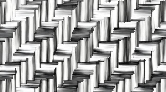 Black and white hand-drawn geometric pattern featuring alternating blocks of vertical and horizontal ink lines, creating a textured woven hatch effect for abstract graphic backgrounds.