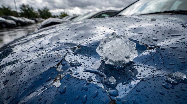 Large jagged hailstone resting on the severely dented and cracked blue paint of a car hood after a heavy hailstorm. Close-up view of ice ball impact damage on a vehicle in a parking lot.