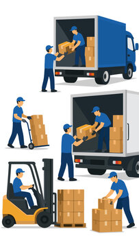 Warehouse workers loading cardboard boxes onto delivery trucks, bold flat colors, vector illustration of logistics team using forklift and dolly for shipping operations