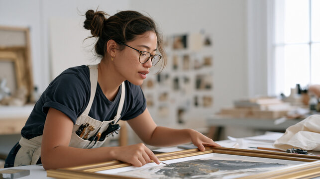 A picture framer in her warmly lit workshop adjusts a large canvas inside a gilded moulding, tools spread across her apron and reference swatches pinned behind her, her single