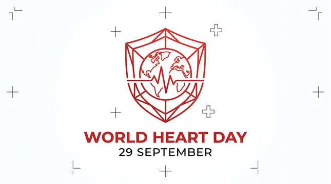 World heart day banner featuring a globe inside a medical shield with electrocardiogram