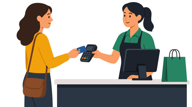 Woman paying with credit card at retail checkout counter, friendly cashier with POS terminal, flat bold colors, customer with shopping bag, vector illustration, modern commerce transaction scene