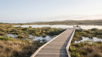 Obraz premium Scenic Wooden Coastal Walkway Through Wetlands and Natural Shoreline