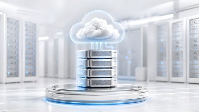 Modern bright cloud computing infrastructure concept featuring silver server racks and a digital glass cloud enclosing a realistic cloud in a clean white data center.