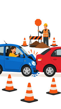 Vector illustration of woman driver rear-ending compact car at road repair zone with orange cones, construction worker, stop sign, and barrier