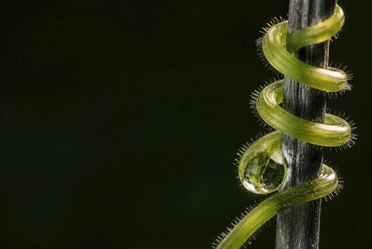Macro vine tendril on support with dew drop