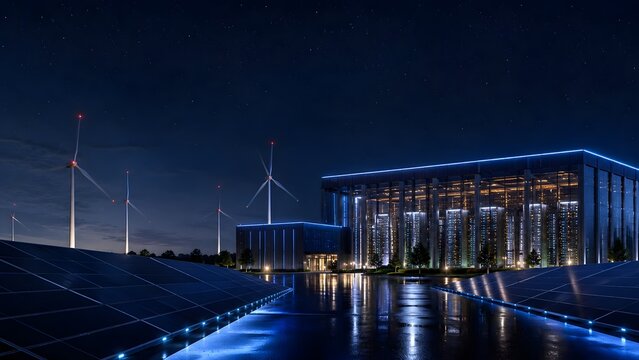 High-tech enterprise data center at night utilizing renewable solar and wind energy for sustainable cloud computing.