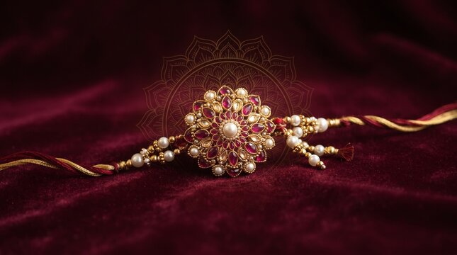 Exquisite Kundan and Pearl Designer Rakhi Resting on Deep Maroon Velvet Fabric with Subtle Mandala Line Art Background
