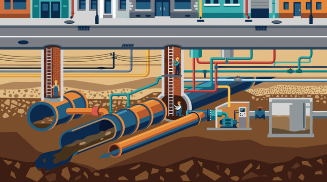 Cross-section illustration of underground city drainage and sewer pipe network beneath street with workers, colorful utility lines, tunnels, and manholes, bold flat design