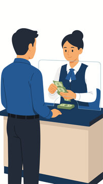 Bank teller in uniform counting cash bills behind glass counter for waiting customer, flat vector illustration of finance and money transaction service