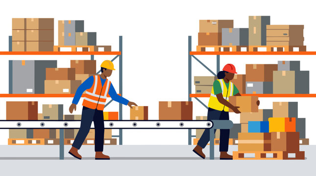 Two warehouse workers in safety vests sorting cardboard parcels on conveyor belt surrounded by stacked boxes shelves logistics distribution center flat vector illustration teamwork shipping