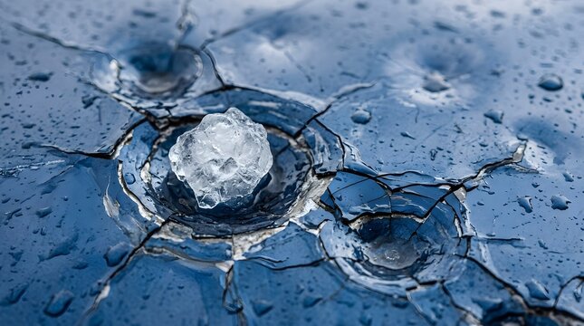 Large hailstone sitting inside a deep dent on a blue car hood with cracked and chipped paint after a severe hailstorm; close-up view showing weather-related vehicle damage and icy impacts.