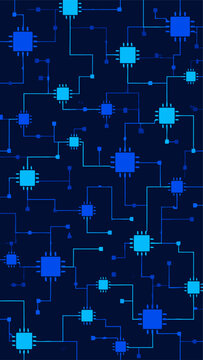 Seamless vector circuit pattern with interconnected microchip nodes, glowing blue traces, square processors, and digital data connections on a navy background