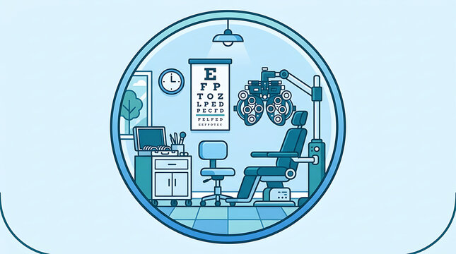 Modern Optometry Examination Room with Eye Chart and Refractor for Vision Testing