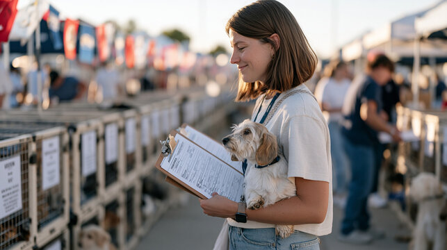 Kennel manager walking a row of dog runs in a bustling outdoor market animal fair, shot from behind her shoulder as she checks clipboards and speaks to breed vendors, colorful