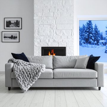 Cozy modern living room featuring a grey sofa with a chunky knit blanket, a warm burning fireplace, and snowy winter forest views. Evoking feelings of peace and comfort. Nobody.