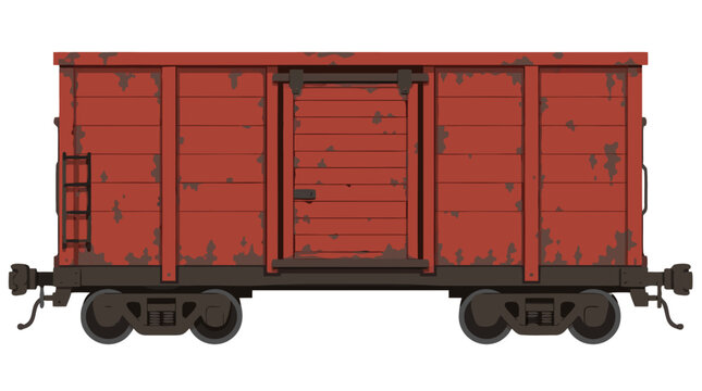 Weathered red freight train boxcar with rusty metal panels, sliding center door, black undercarriage, trucks, wheels, and coupling, flat color vector illustration on white