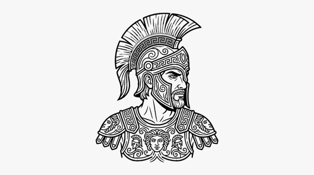 Black and white line art illustration of a powerful ancient Greek Spartan hoplite warrior wearing a highly detailed plumed Corinthian helmet and decorative armor with Medusa gorgoneion shield.