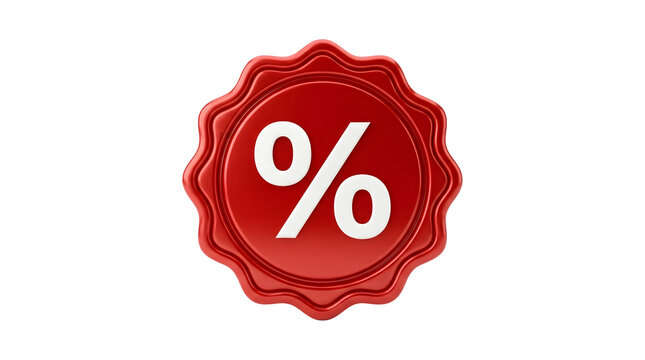 Red wax seal with percent symbol, glossy discount badge on white background, promotional sale stamp for retail marketing