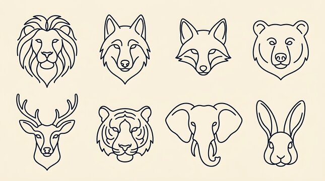 Set of eight minimalist animal head portraits in line art style