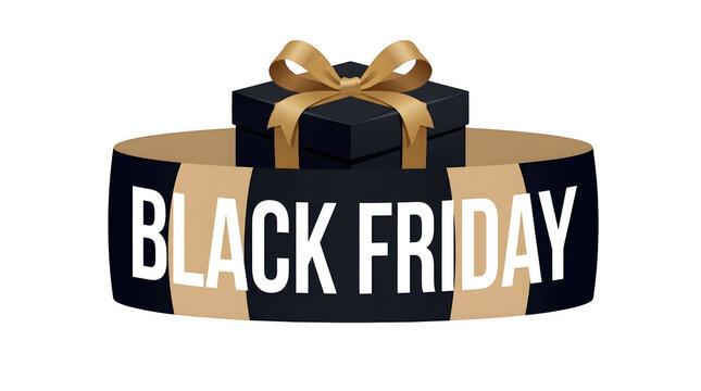 Black Friday sale banner with elegant gift box, luxury black and gold promotional graphic, retail discount design element