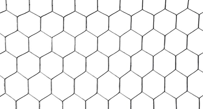 Background view of a honeycomb style hexagonal mesh pattern featuring repeating geometric cells arranged in a uniform network, isolated on white background for a minimal and abstract appearance.