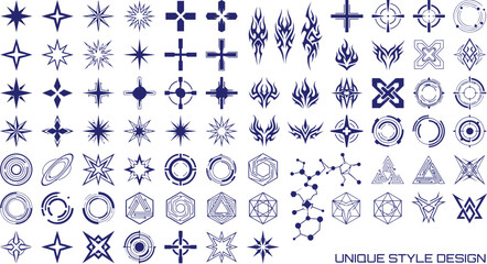 Fototapeta premium Collection of unique style design vector icons, abstract geometric shapes, futuristic symbols, and decorative elements for modern branding