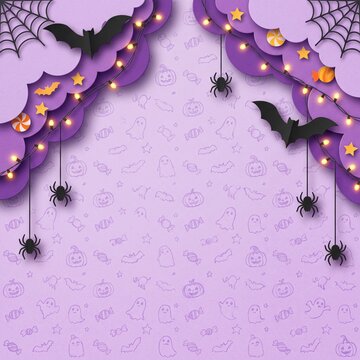 Happy halloween banner background with purple paper clouds bats spiders and fairy lights