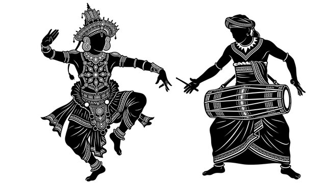 Kandyan dancer and drummer silhouette vector art
