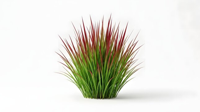 Vibrant Japanese Blood Grass plant with characteristic red tips and green blades, ornamental garden grass Imperata cylindrica shown isolated on white background for landscaping design.