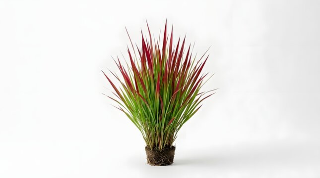 Vibrant Japanese Blood Grass Imperata cylindrica Red Baron plant with pointed green leaves and striking crimson red tips including an exposed soil root ball on white background.