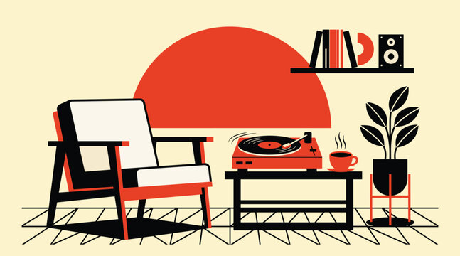 Vintage Living Room with Vinyl Player: A cozy and stylish vintage living room scene featuring a retro armchair, a record player spinning vinyl, a steaming cup of coffee, a bookshelf.