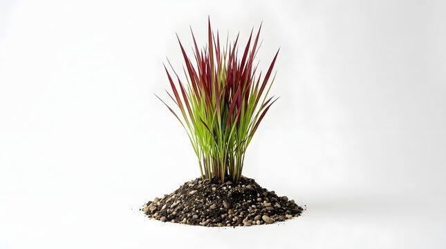 Japanese Blood Grass Imperata cylindrica Red Baron growing in a mound of dark soil and pebbles with vibrant red and green foliage against a clean white background for botanical display.
