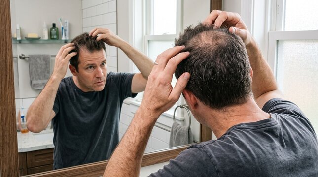 Man checking thinning hair on scalp in bathroom mirror
