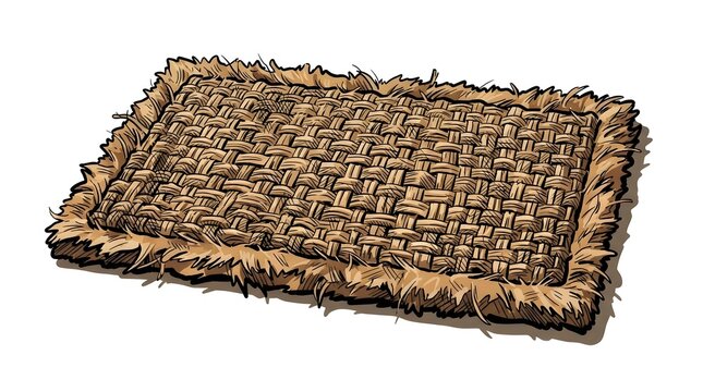 Hand drawn vector illustration of a rectangular woven floor mat made from natural fibers like jute or coir with fringed edges